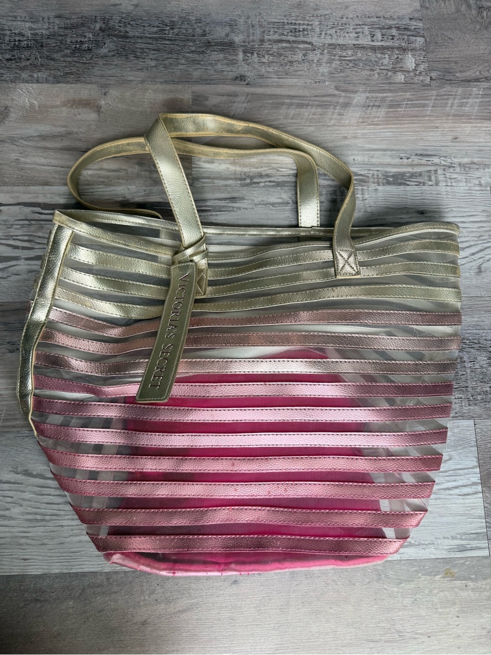 Victoria's Secret Vintage Gold and Pink Ombre Striped Tote